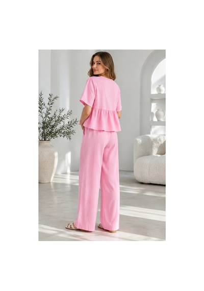 Mevese Bağlama Detaylı Kısa Kollu Bluz & Pantolon İkili Takım - Pembe Şeker Pembe