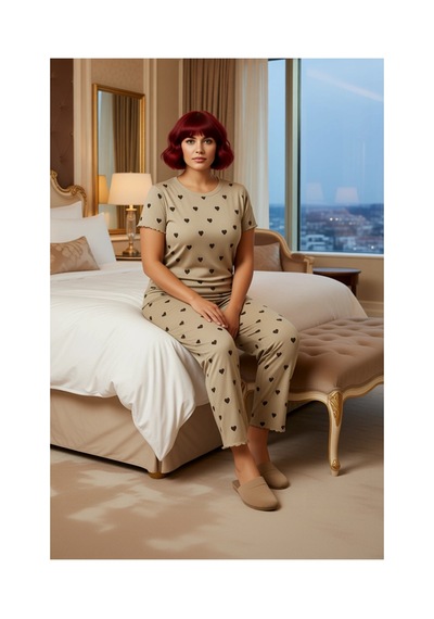 Ersefa Kadın Kalp Baskılı V Yaka Örme Pijama Takımı Fonksiyonel Dayanıkl Mint
