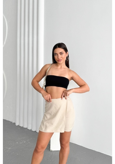 HLT Jeans Krem Kadın Slim Yandan Fermuarlı Yüksek Bel Kısa Keten Şort Etek Mia-4551 Krem