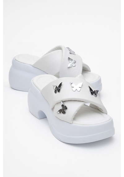 Luvishoes Luvi Shoes Force Beyaz Kelebek Tokalı Dolgu Tabanlı Kadın Terlik Beyaz