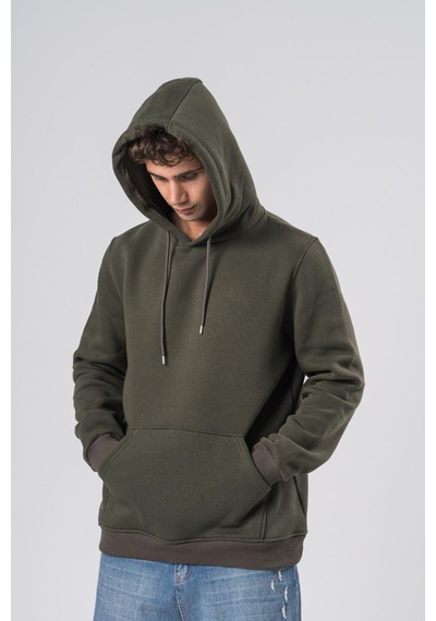 Coal City Erkek Haki 3 İplik Şardonlu Oversize Kapüşonlu Sweatshirt Yumuşak Dokulu