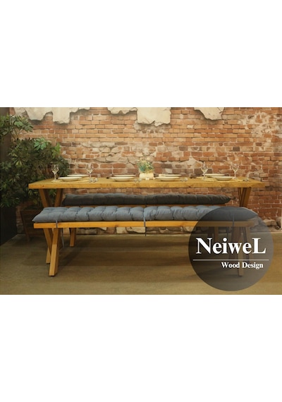 Neiwel Ken Doğal Ahşap Banklı Yemek Masası Takımı-80-260 Takım Açık Ceviz