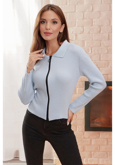 Aqe Fashion Çift Açılır Fermuarlı Polo Yaka Hırka Bebe Mavi