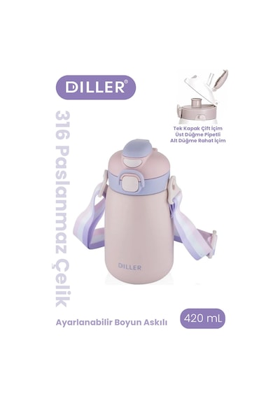 Dıller 420 Ml Pipetli/pipetsiz Tek Kapak Çift Kullanım Askılı Çelik Termos Su Matarası 6 Saat Sıcak/soğuk Pudra