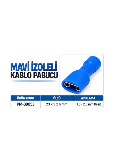 Powermaster Pm-39053 1,5-2,5mm2 Kesit 24x9x6mm Soket Mavi İzoleli Kablo Pabucu 100'lü Paket