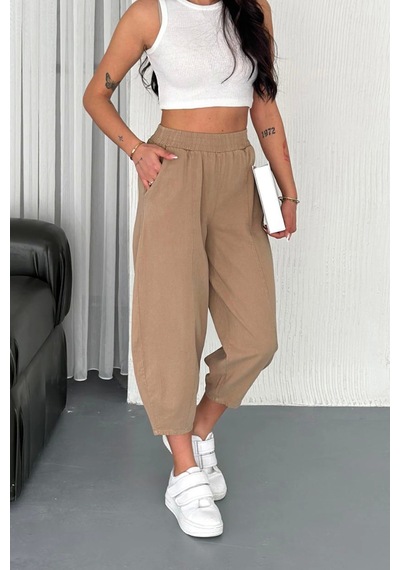Meine Liebe Unterwäsche Kadın Pamuklu Bel Lastikli Dikiş Detaylı Camel Gabardin Kumaş Pantolon Camel
