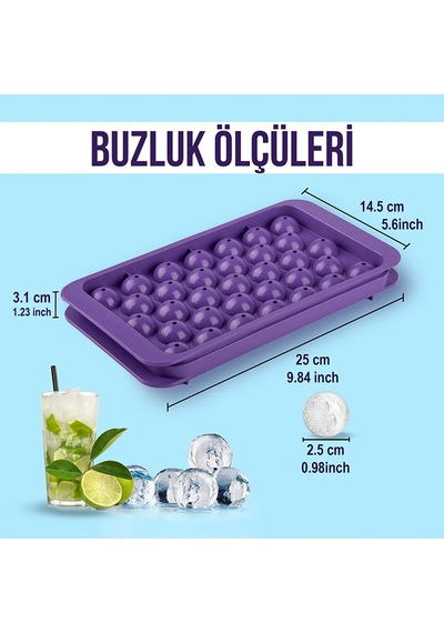 2 Adet Kapaklı 33 Hazneli Yuvarlak Buz Kalıbı Kokteyl Buz Kalıbı Sarı - Lila