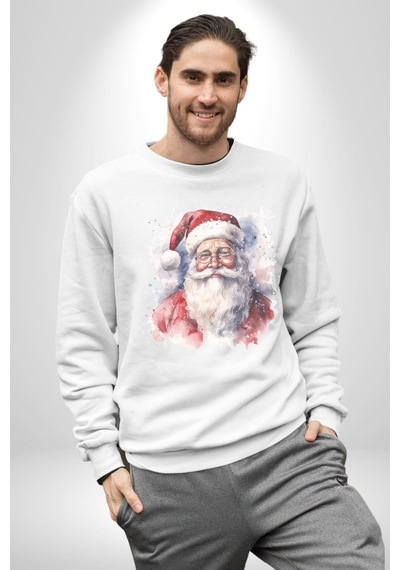 Mutlu Noel Baba Yeni Yıl Tasarımı Unisex Beyaz Baskılı Sweatshirt Beyaz