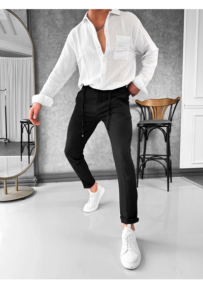 Modefendi İp Ve Düğme Detaylı %100 Gofre Kumaş Jogger Pantolon Siyah