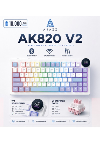 Ak820 V2 Ekranlı, Kablosuz Mekanik Oyun Klavyesi-10.000 Mah Batarya