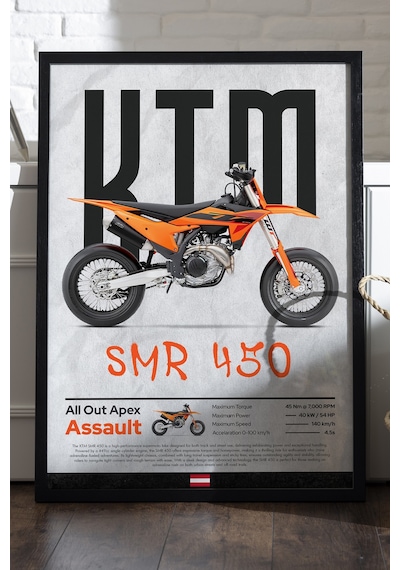Ktm Smr 450 Siyah Ahşap Çerçeveli Poster, Dekoratif Motosiklet Duvar Tablosu