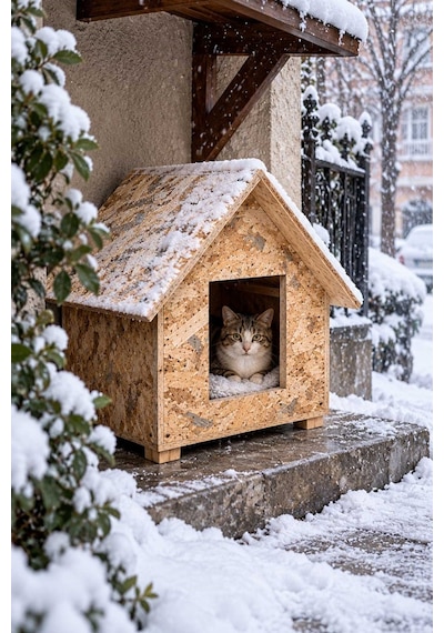 Reyo Kedi Evi Dış Ortam Uygun Ahşap Kedi Yuvası Kedi Barınağı Rüzgar ve Soğuğa Dayanıklı Osb Malzeme 46 x 34 x 34 CM CAT26