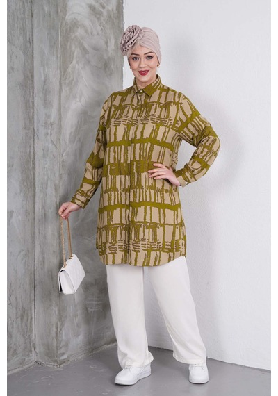Polologin Butik Yeşil Çizgili Tunik Ve Krem Pantolon Takım Yeşil & Krem