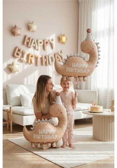 Happy Birthday Retro Açık Kahverengi Dinozor Temalı Folyo Balon Çocuk Doğum Günü Parti Süsü Çok Renkli