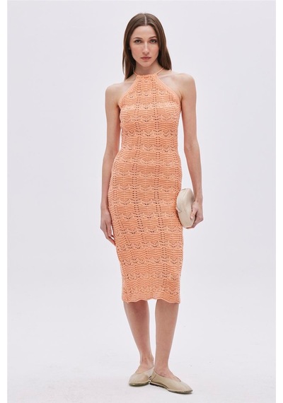 Sherin Oranj Halter Yaka Midi Triko Elbise-oranj