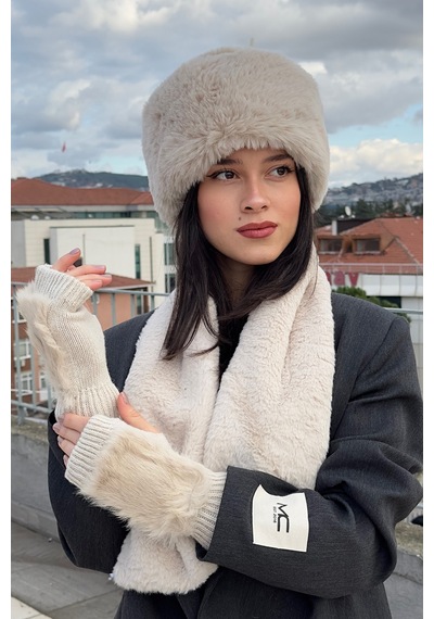 Mollycrush Peluş Kalpak Atkı Eldiven 3'lü Set Kadın Kışlık Bej Suni Kürklü 3'lü Takım Bej