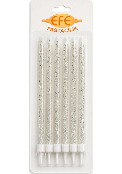 Beyaz Gümüş Simli Uzun Pasta Mumu 17 Cm Karışık