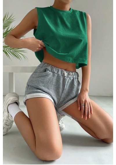 Yeşil %100 Pamuk Basic Bisiklet Yaka Süprem Kolsuz T-shirt Yeşil