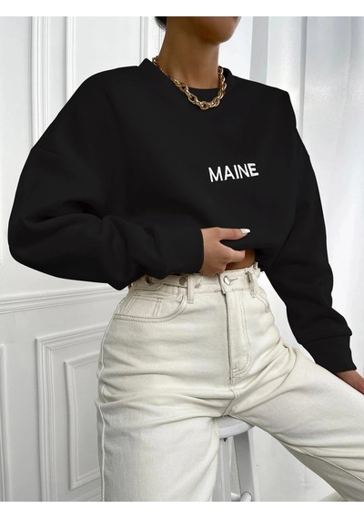 Startmore Kadın Maın Baskılı Oversize Bisiklet Yaka Sweatshirt Siyah Siyah
