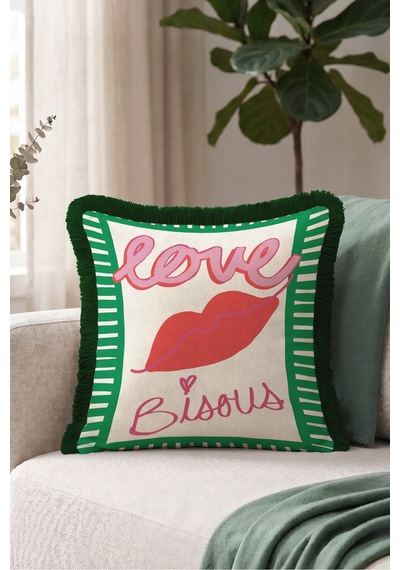 Love Dudak Motifli Saçaklı Yastık Kılıfı - Romantik Pop Art Krem Yeşil Gri Püsküllü Kırlent Kılıfı Beyaz