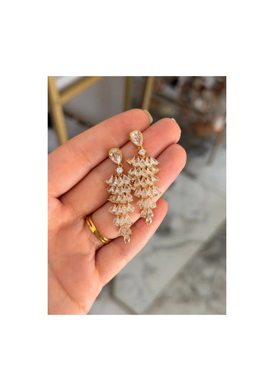 Vıp Taşlı Damla Model Zarif Gold Küpe Altın