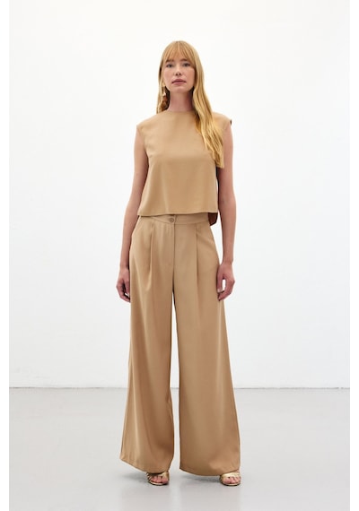Sateen Geniş Paça Pantolon - Camel-136453 Camel