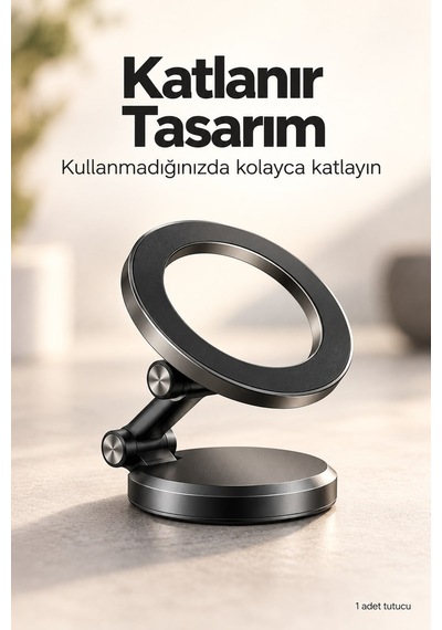 Katlanır 360 Derece Dönen Manyetik Araç Telefonu Tutacağı Siyah Tüm Telefonlarla Uyumlu Stand