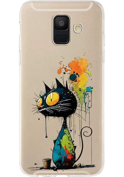 Samsung Galaxy A6 2018 İle Uyumlu Splash Kedi Tasarımlı Şeffaf Silikon Kılıf Şeffaf