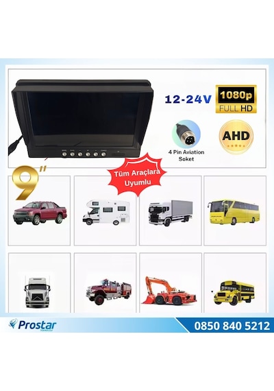9 İnç Ahd 2 Kanal Full Hd Araç Monitörü Ahd 1080p/720p + Cvbs Analog Uyumlu 12-24v