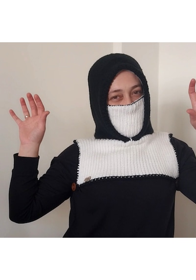 Kemzey Handmade El Yapımı Balaklava, Örgü Şapkalı Boyunluk , Yünlü Şapka Siyah - Beyaz