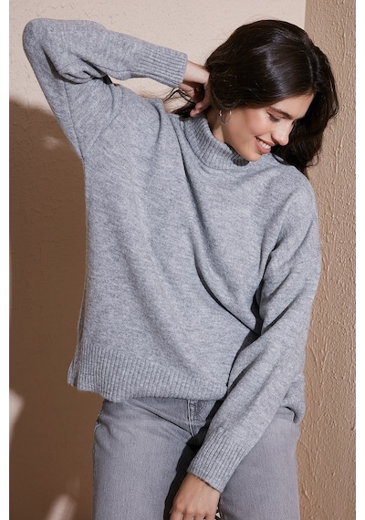 Lela Premium Oversize Fit Balıkçı Yaka Yumuşak Dokulu Triko Bayan Kazak 680Kz00469 Açık Gri