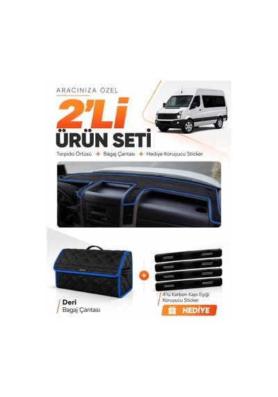 E-biz Volkswagen Crafter 2012-2019 Uyumlu Torpido Örtüsü + Deri Bagaj Çantası - Siyah-mavi - Vw032