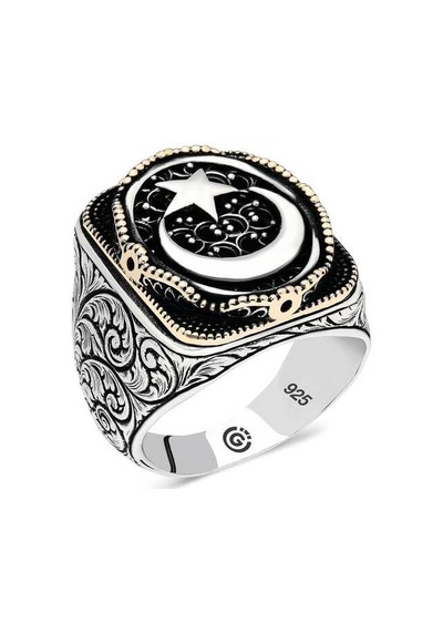 Gümüş Ay Yıldız Oval Erkek Yüzük - Mr11002877