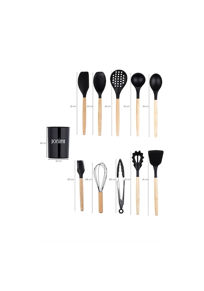 Porsima 3165 Standlı Bambu Silikon 11 Parça Servis Takımı Seti Siyah