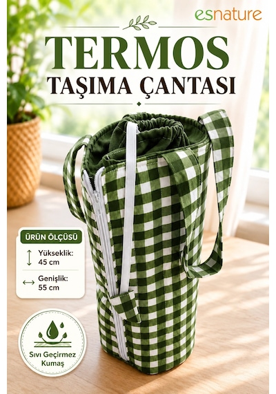 Esnature Sıvı Geçirmez Duck Kumaş Termos Taşıma Çantası 45x55 Cm Omuz Askılı Piknik Ve Seyahat Çan Yeşil