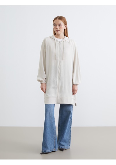Lcw Modest Bej Kapüşonlu Oversize Kadın Tunik