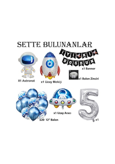 Uzay Konsepti 5 Yaş Doğum Günü Parti Kutlama Seti;  Astronot, Ufo Ve Uzay Gemisi Folyo Balon Set