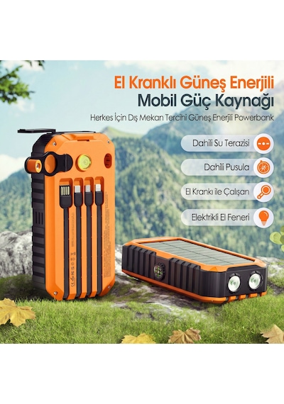 20000 Mah Solar Powerbank - El Kranklı, Dahili Kablolu Taşınabilir Su Geçirmez Powerbank Siyah - Turuncu