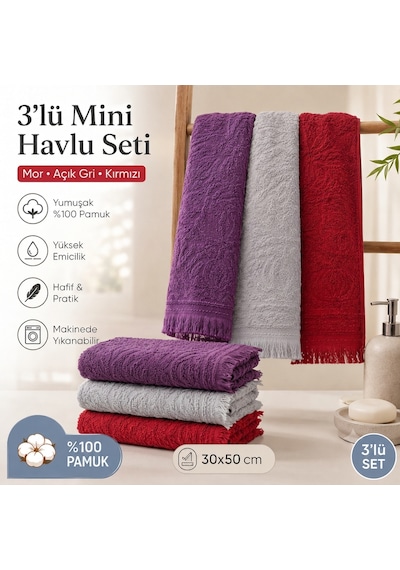 3'lü Mini Havlu Seti 30x50 Cm Pamuklu El Havlusu Mutfak Havlusu Kurulama Bezi Yumuşak Ve Yüksek Emici Gri