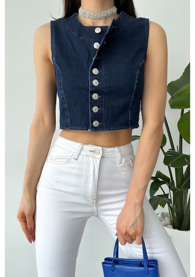 Femelle Kadın Denim Düğmeli Crop Kot Kolsuz Bluz Mavi