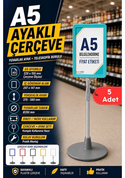 5 Adet - A5 Ayaklı Menü Ve Fiyat Bilgi Standı Yuvarlak Tabanlı Teleskopik Çerçeve Etiketlik Turkuaz