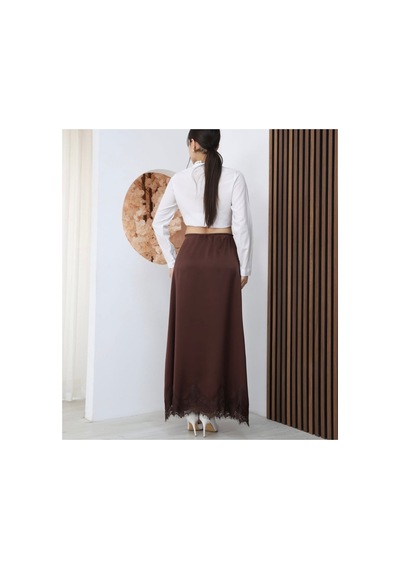 Moda Banuş Kahverengi Dantel Detay Saten Uzun Lastikli Etek Kahverengi Kahverengi