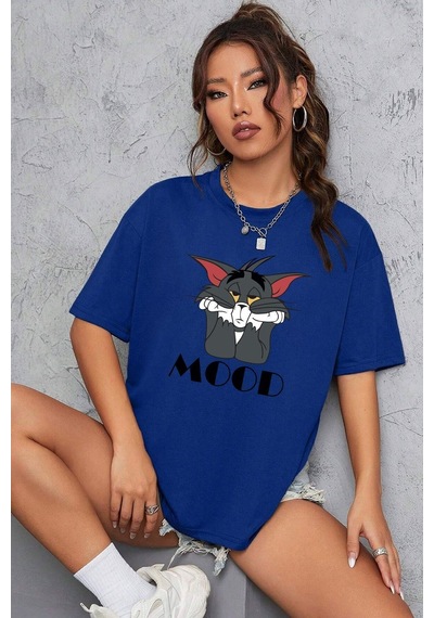 Uyguntarz Unisex Saks Mavi Mood Baskılı Oversize T-shirt
