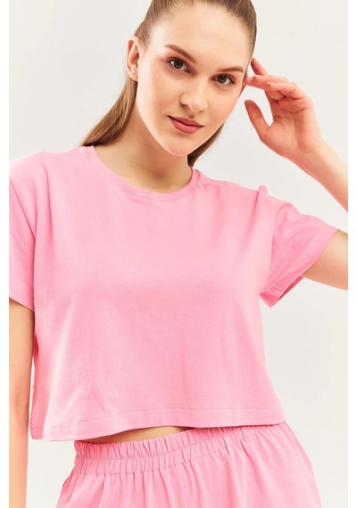 Kadın Rahat %100 Pamuklu Penye Bisiklet Yaka Kısa Kol Basic Crop T-shirt Pembe