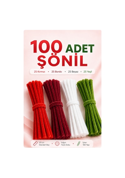 100 Adet Şönil Tel 30 Cm Kırmızı Bordo Beyaz Yeşil Tüylü Hobi Teli El İşi Ve Dıy Çiçek Yapımı