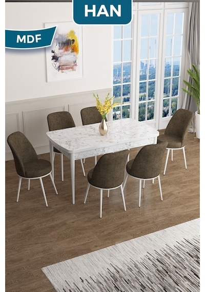 Canisa Han Serisi, 70x114 Açılabilir Mdf Masa Takımı, Beyaz Mermer Desen Masa Ve 6 Kahve Sandalye Masa Beyaz Mermer Desen Sandalye Kahve Canisa Han Serisi, 70x114 Açılabilir Mdf Masa Takımı, Beyaz Mermer Desen Masa Ve 6 Kahve Sandalye Masa Beyaz Mermer Desen Sandalye Kahve