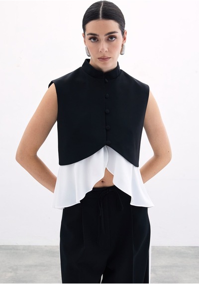 Sateen Kontrast Kısa Ceket - Siyah-135930 Siyah