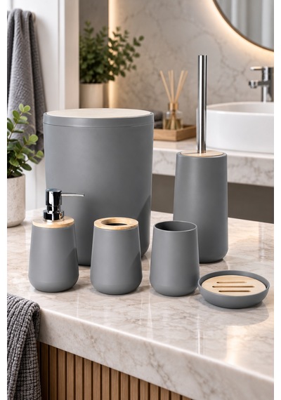 Eva 6 Parça Bambu Detaylı Banyo Seti Gri
