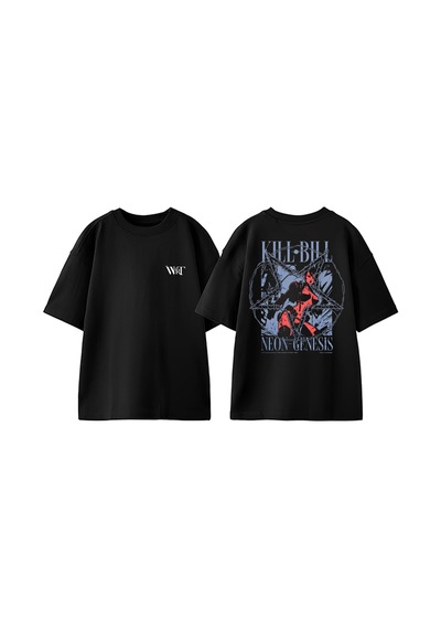 Thewert Kıll Bıll Neon Genesıs Tasarım Sırt Baskılı Pamuk Siyah Oversize T-shirt