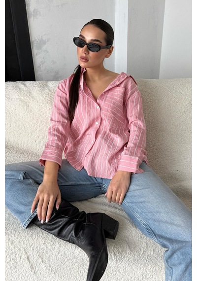 Madmext Pembe Çizgili Cepli Kadın Gömlek Mg2345 Pembe